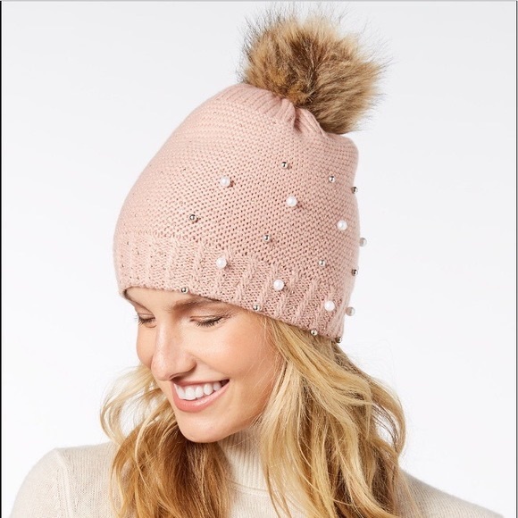 INC Shine Like the Night Red Pearl Embellishments beanie hat with Pom pom NEW - Picture 6 of 6